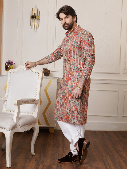 SOJANYA Floral Embroidered Mandarin Collar Sequinned Cotton Silk Kurta With Pyjamas