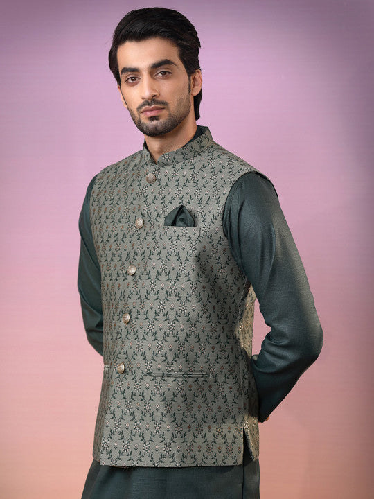 KISAH Mandarin Collar Straight Kurta With Churidar & Nehru Jacket