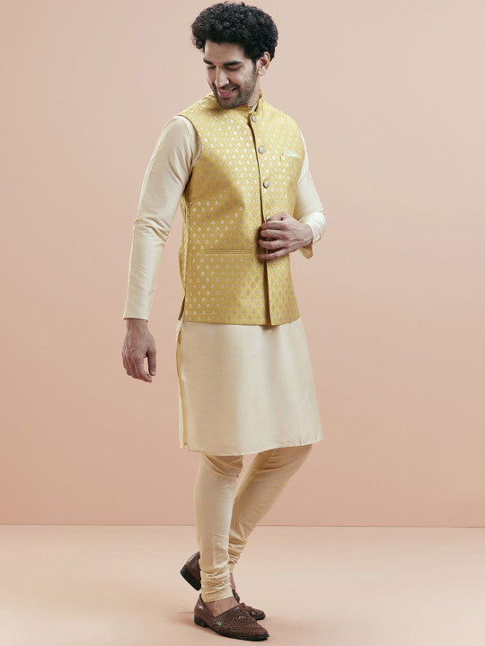 KISAH Mandarin Collar Jodhpuri Straight Kurta With Churidar & Nehru jacket