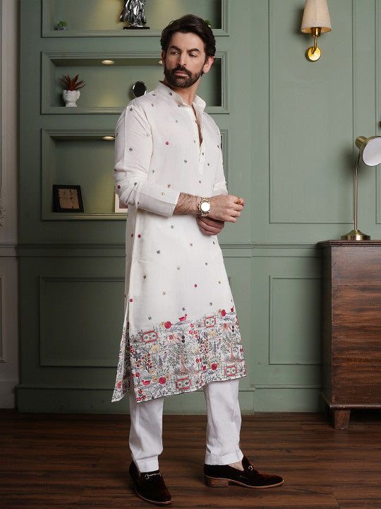 SOJANYA Men Floral Embroidered Regular Thread Work Kurta with Pyjamas