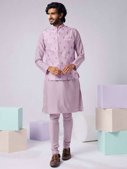 KISAH Mandarin Collar Kurta With Churidar & Embroidered Nehru Jacket