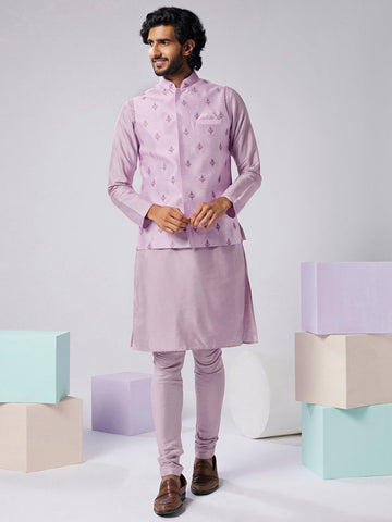 KISAH Mandarin Collar Kurta With Churidar & Embroidered Nehru Jacket