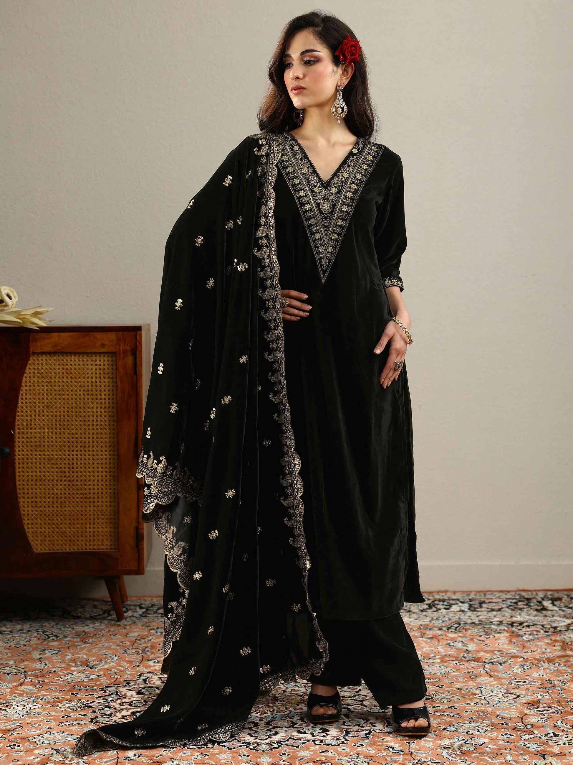 Black Yoke Design Velvet Straight Suit With Dupatta