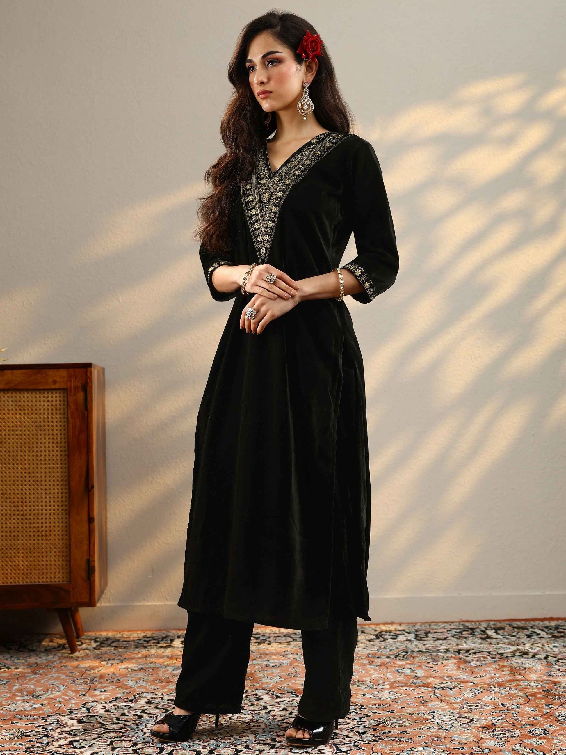 Black Yoke Design Velvet Straight Suit With Dupatta