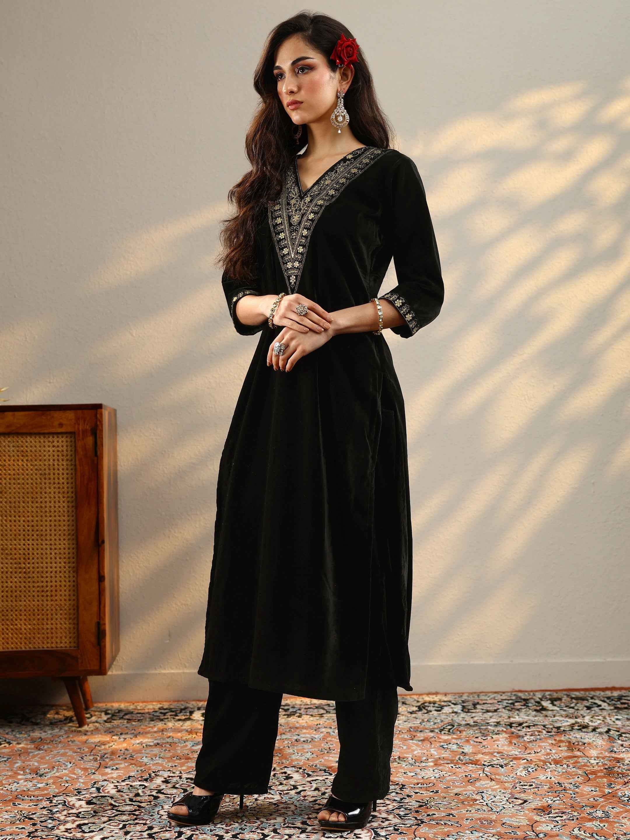 Black Yoke Design Velvet Straight Suit With Dupatta