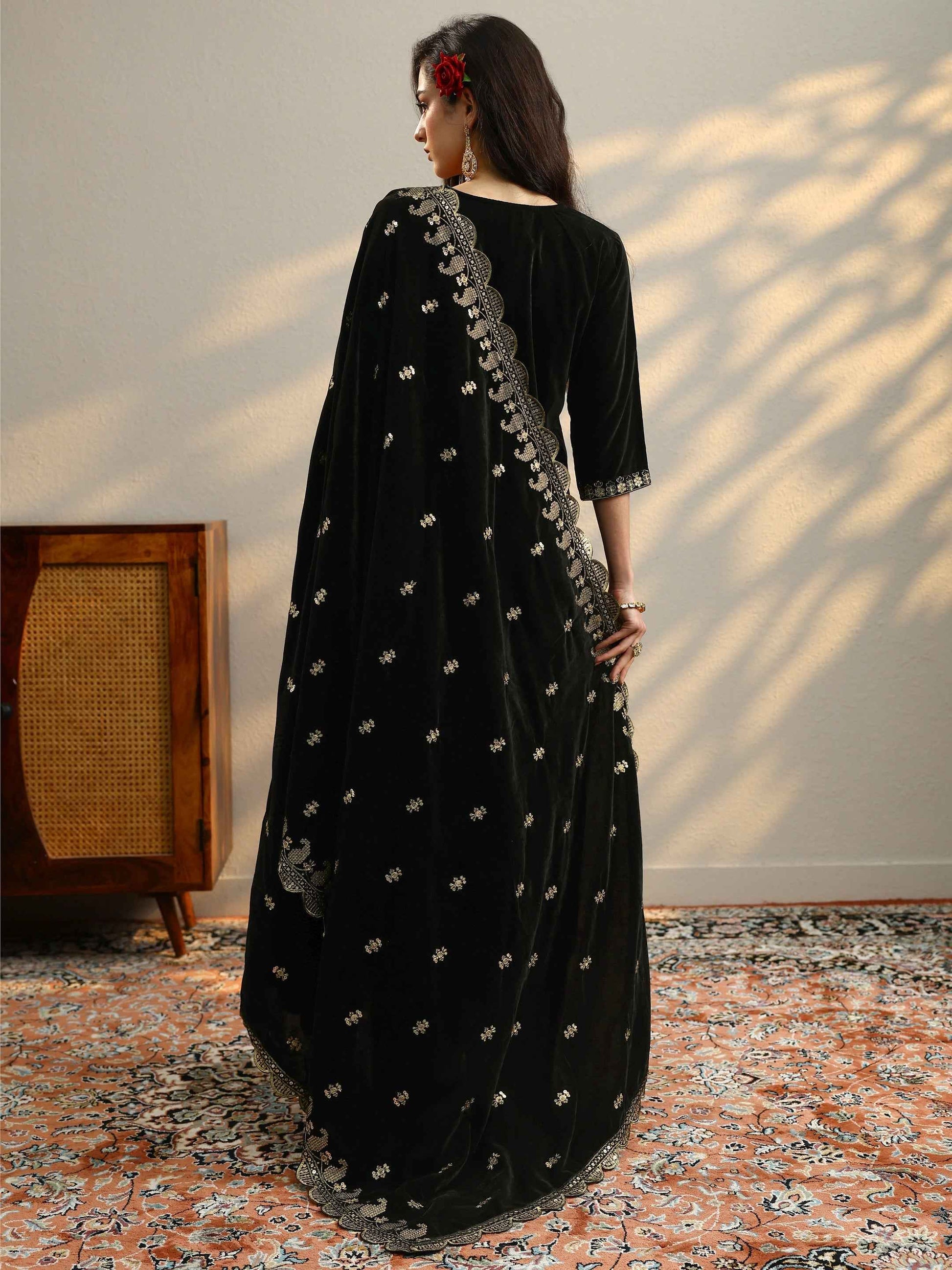 Black Yoke Design Velvet Straight Suit With Dupatta