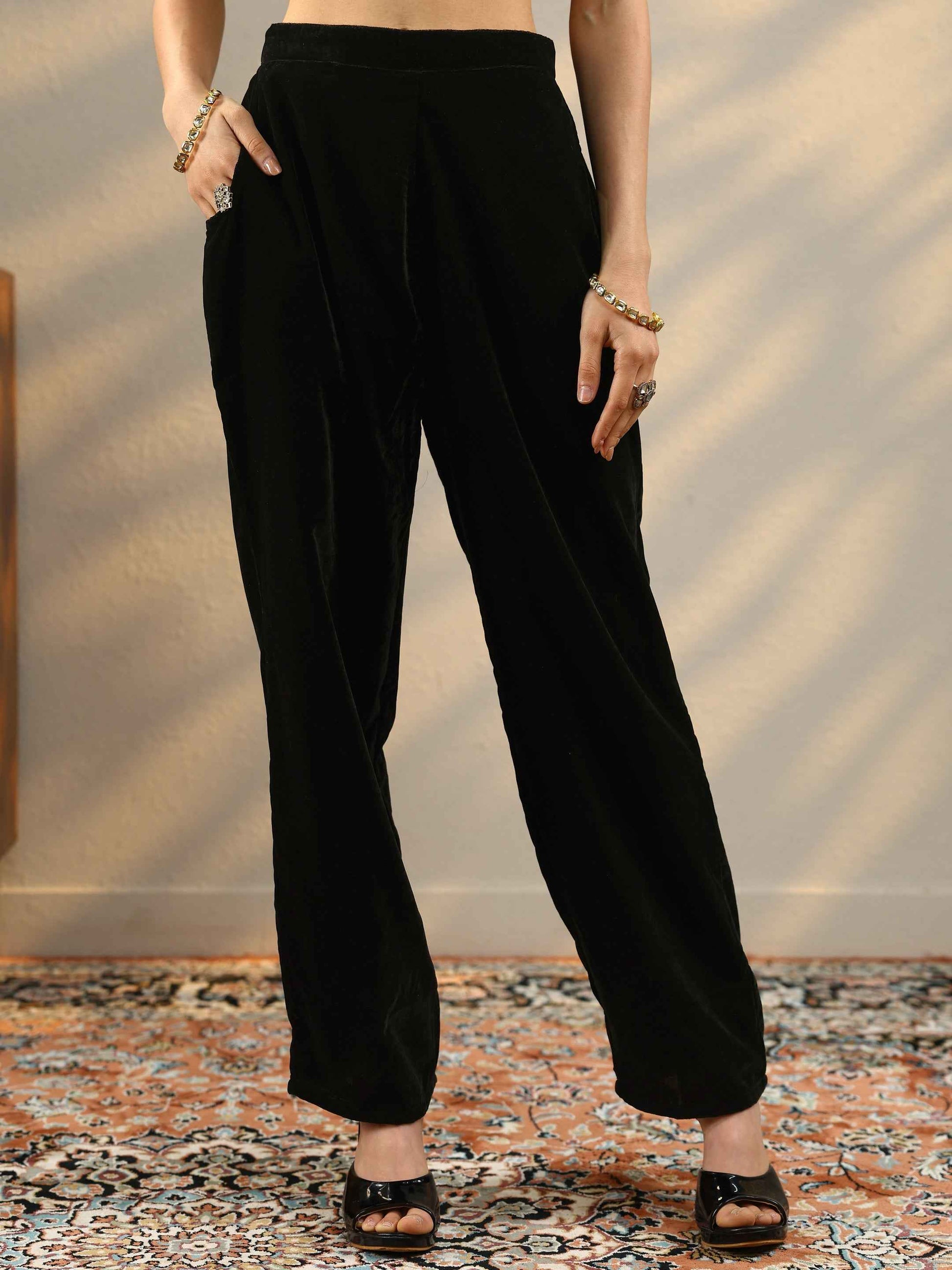 Black Yoke Design Velvet Straight Suit With Dupatta