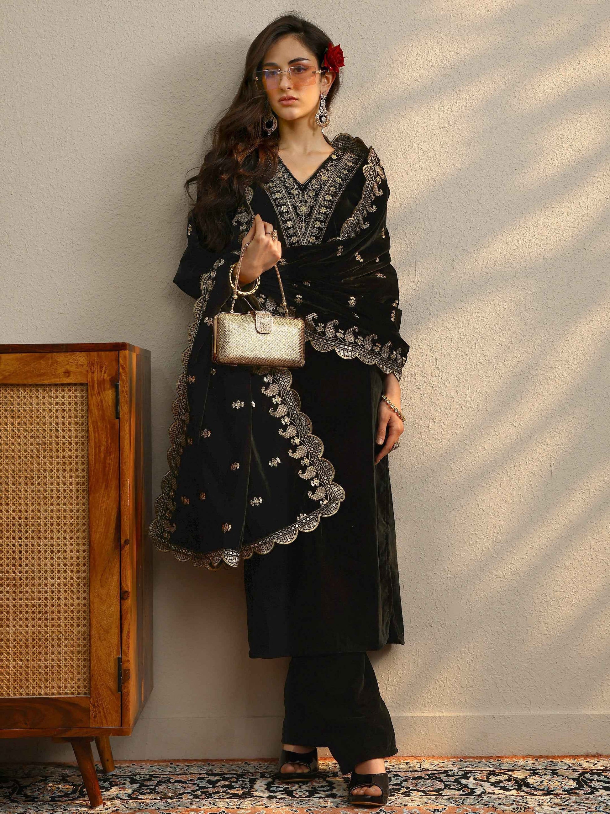 Black Yoke Design Velvet Straight Suit With Dupatta