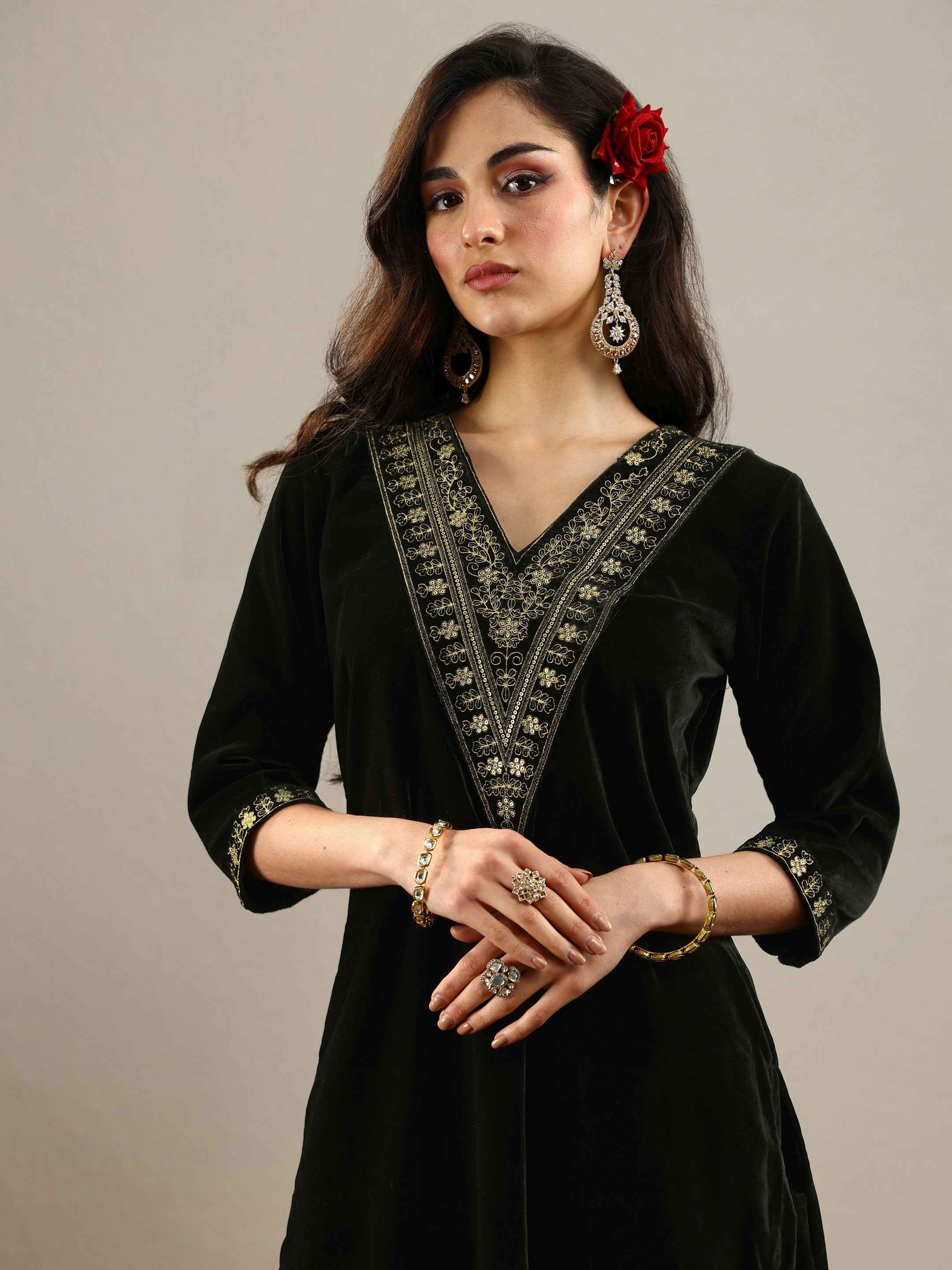 Black Yoke Design Velvet Straight Suit With Dupatta