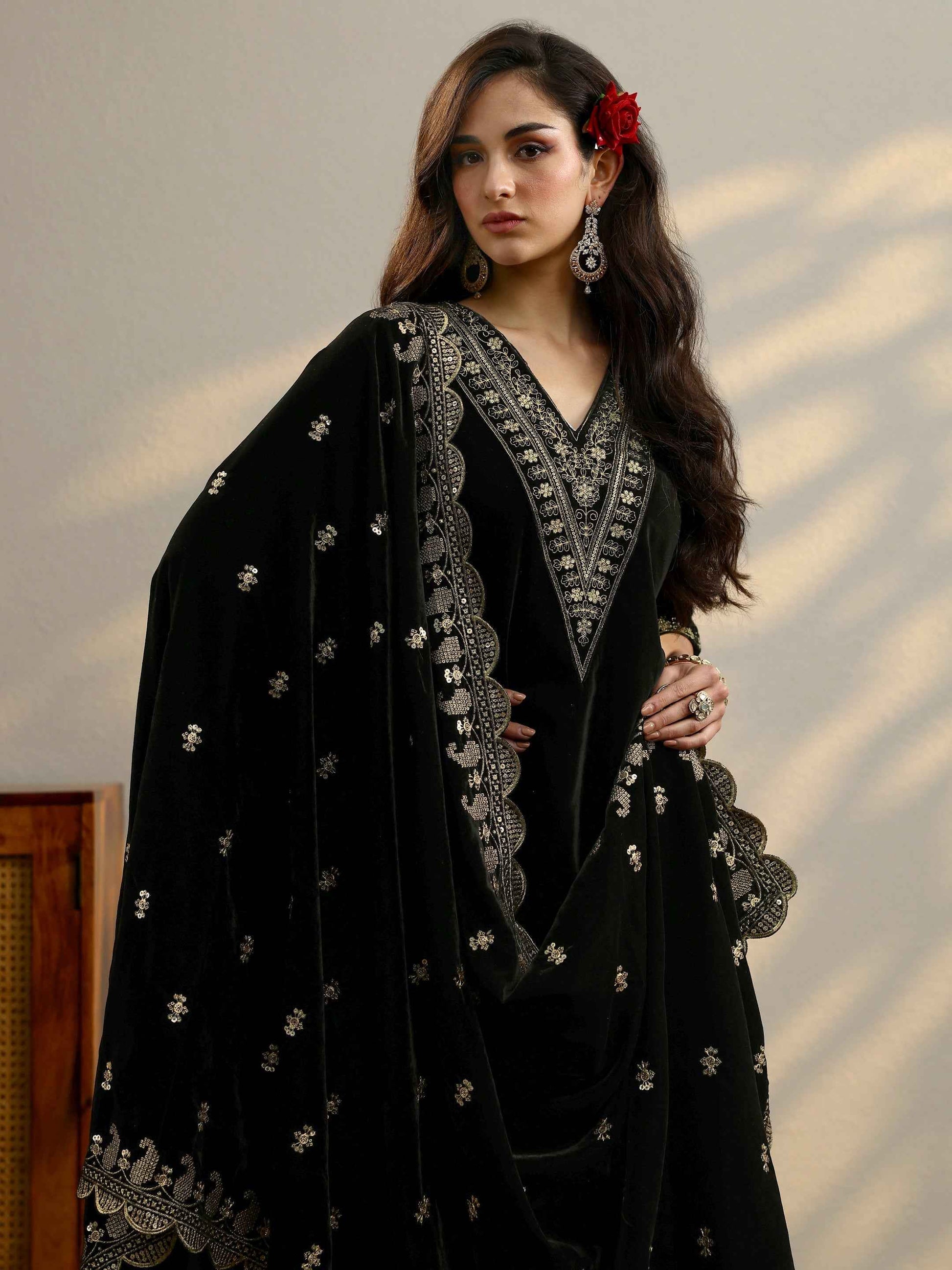 Black Yoke Design Velvet Straight Suit With Dupatta
