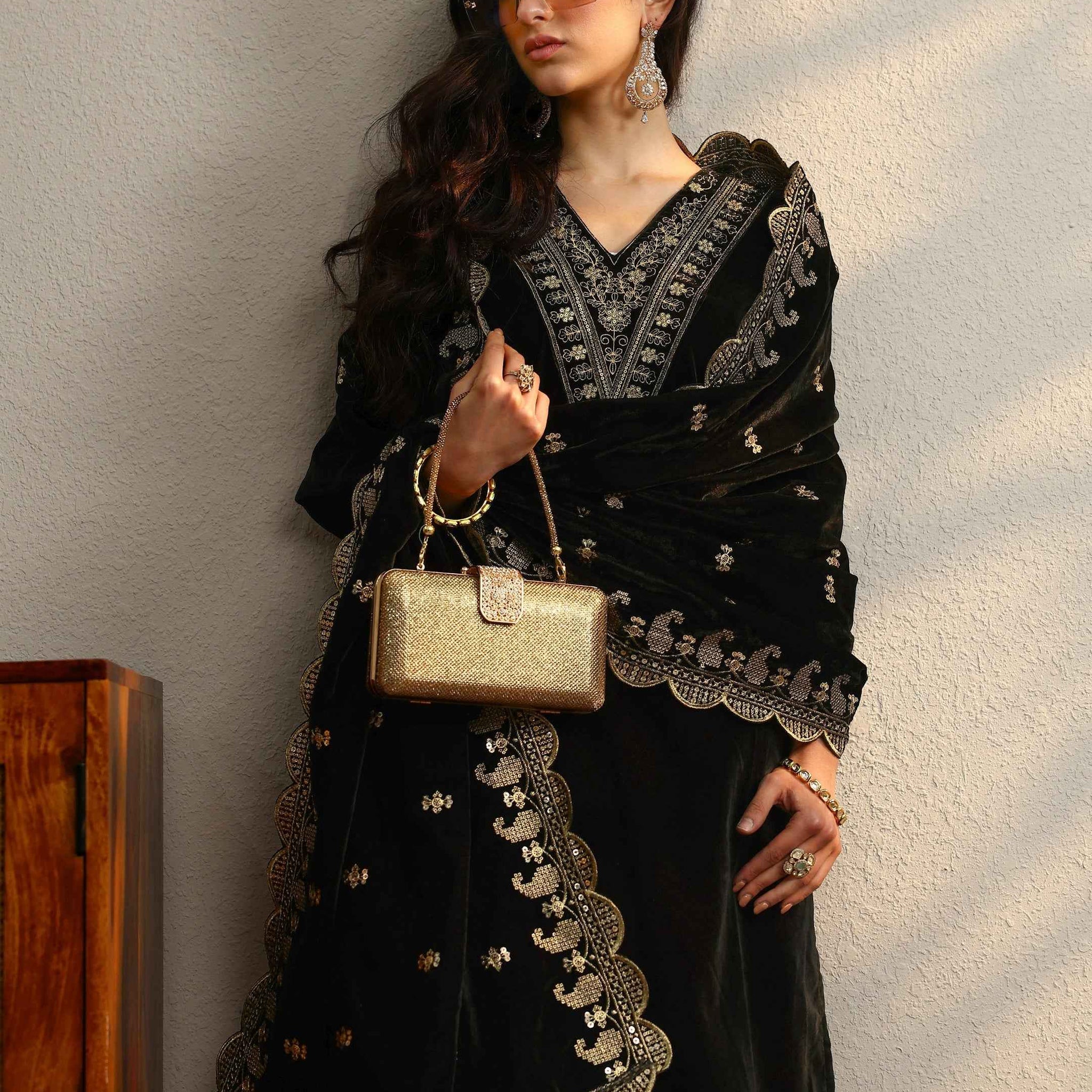 Black Yoke Design Velvet Straight Suit With Dupatta
