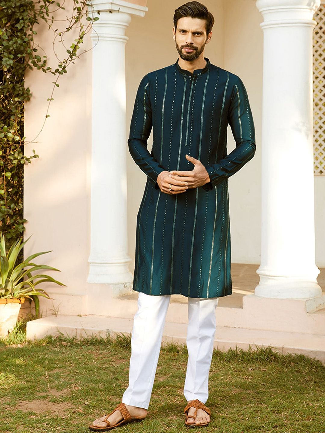 See Designs Embroidered Regular Sequinned Chanderi Silk Kurta with Pyjamas