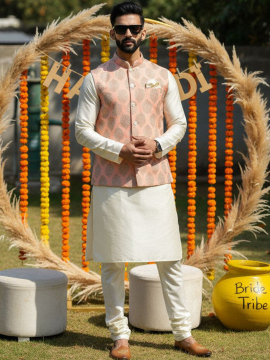 KISAH Men Printed Kurta Nehru Jacket Churidar Set