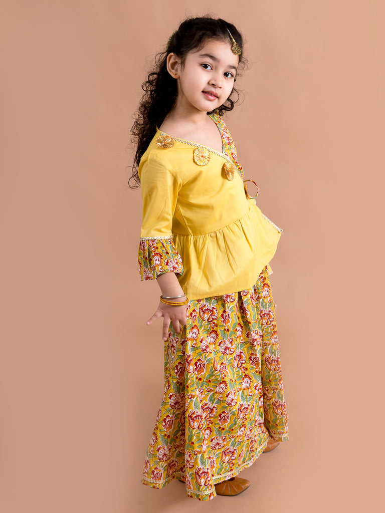 Pspeaches Girls Mustard Yellow Floral Printed Angrakha Pure Cotton Kurti With Palazzos (IW-Floralmustard)