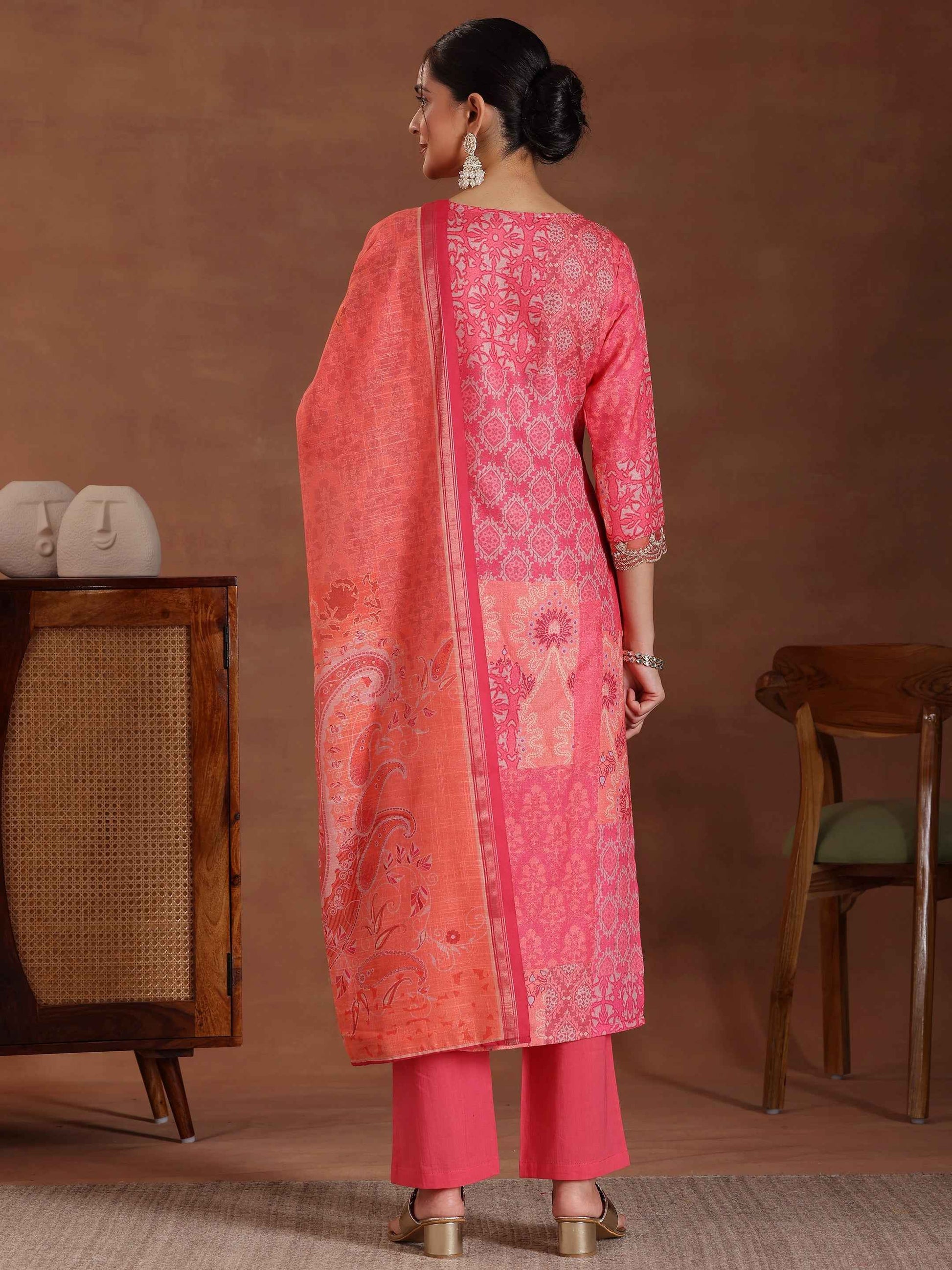 Pink Printed Cotton Blend Straight Suit With Dupatta