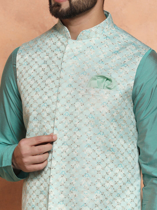 Men Regular Fit Embroidered Kurta Jacket Churidar Set