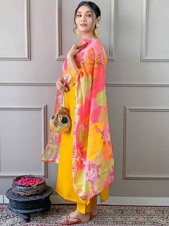 Floral Embroidered Straight Kurta With Trousers & Dupatta