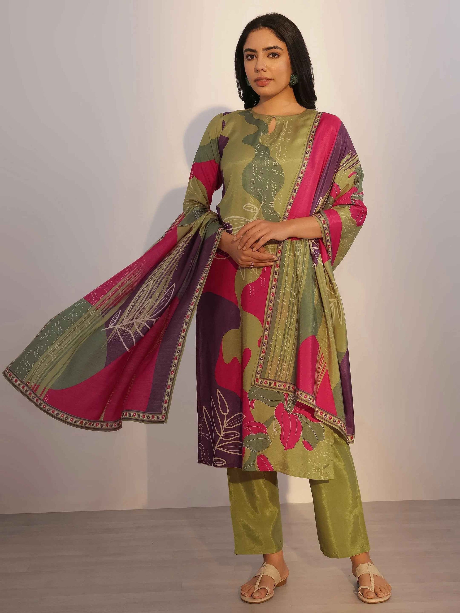 Green Printed Silk Blend Straight Suit With Dupatta