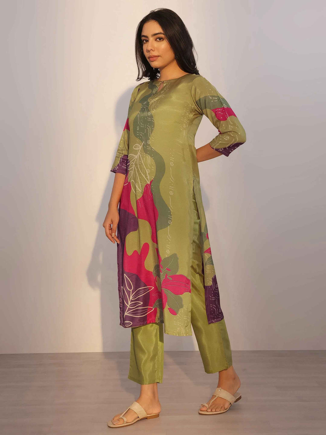 Green Printed Silk Blend Straight Suit With Dupatta