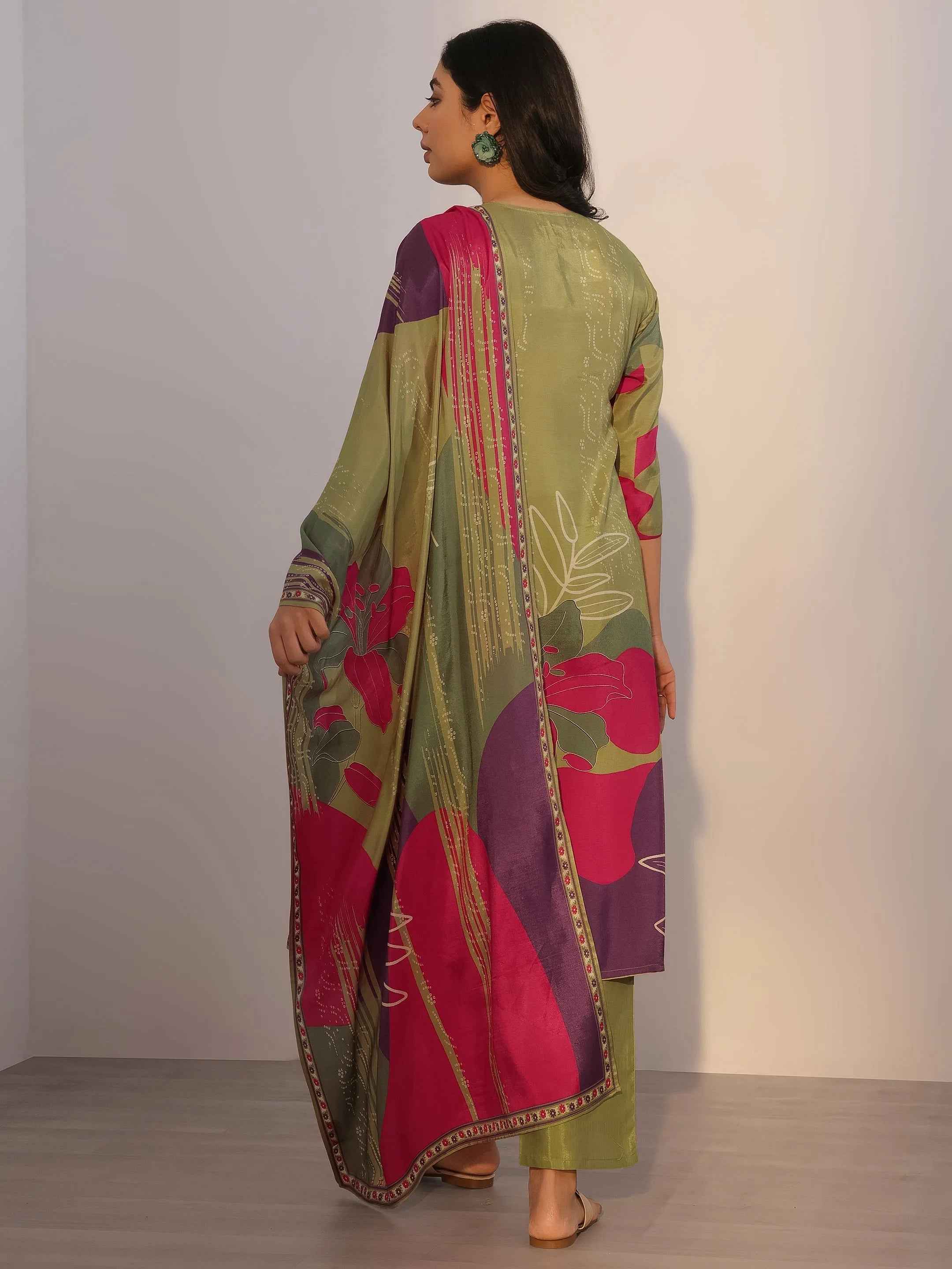 Green Printed Silk Blend Straight Suit With Dupatta