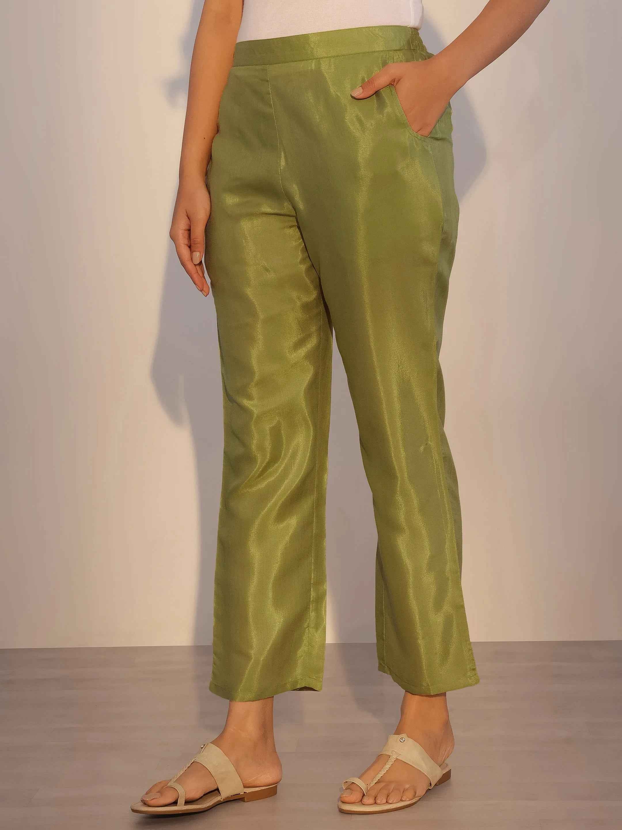 Green Printed Silk Blend Straight Suit With Dupatta