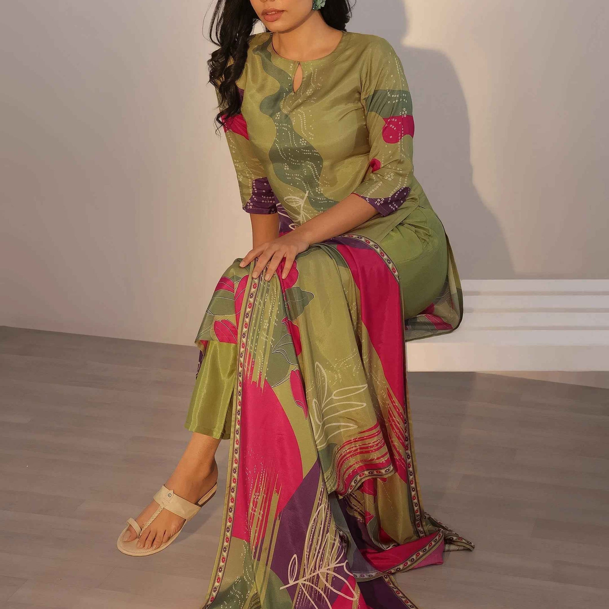 Green Printed Silk Blend Straight Suit With Dupatta