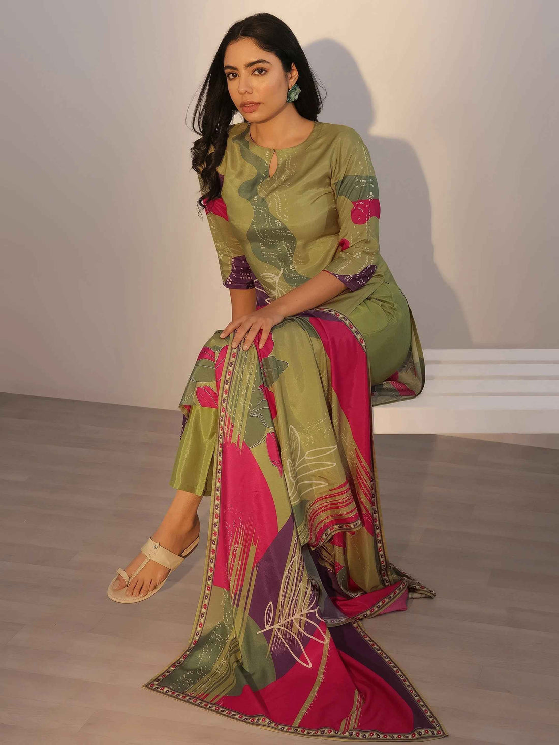 Green Printed Silk Blend Straight Suit With Dupatta
