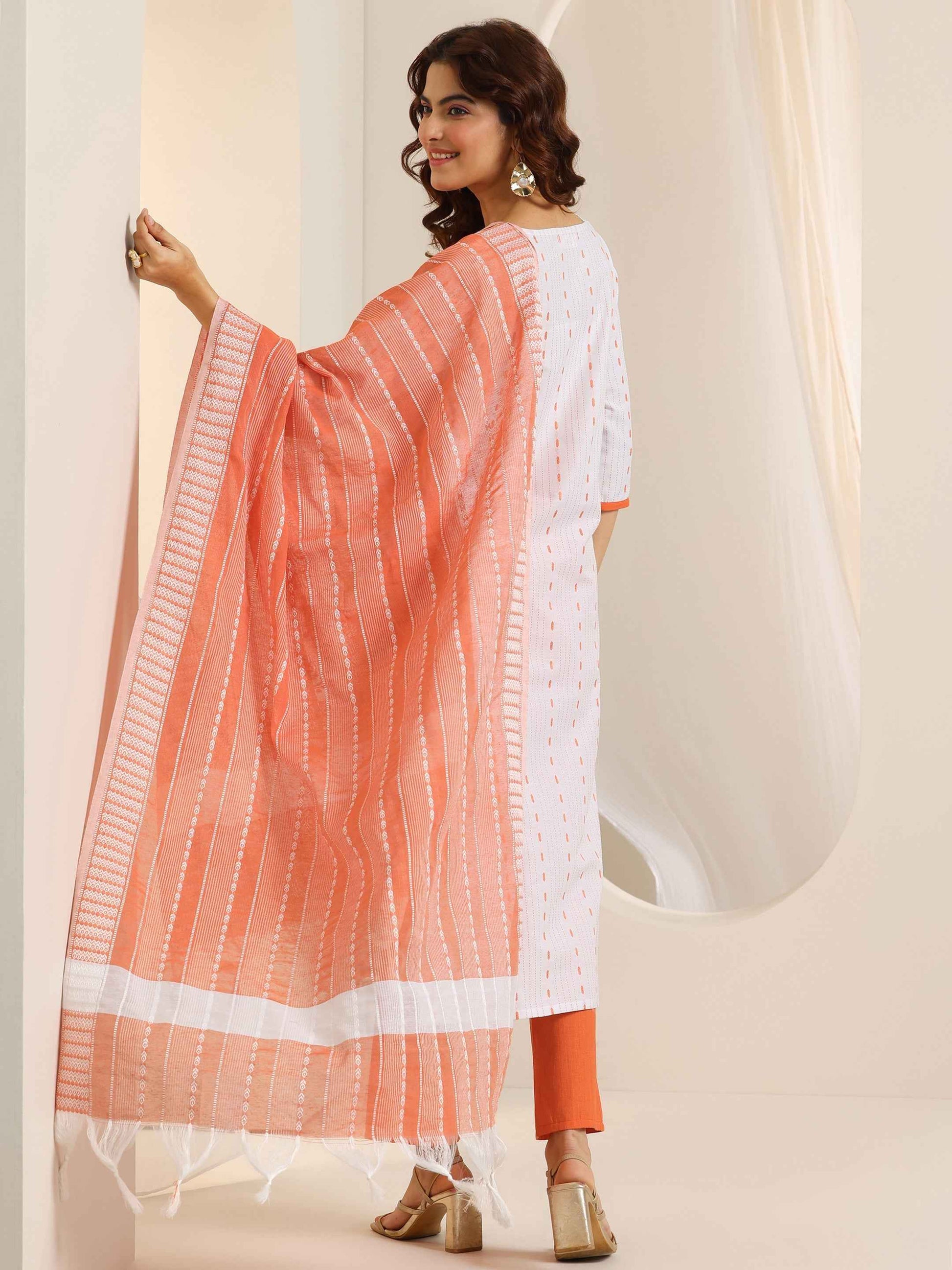 White Woven Design Cotton Blend Straight Suit Set With Dupatta