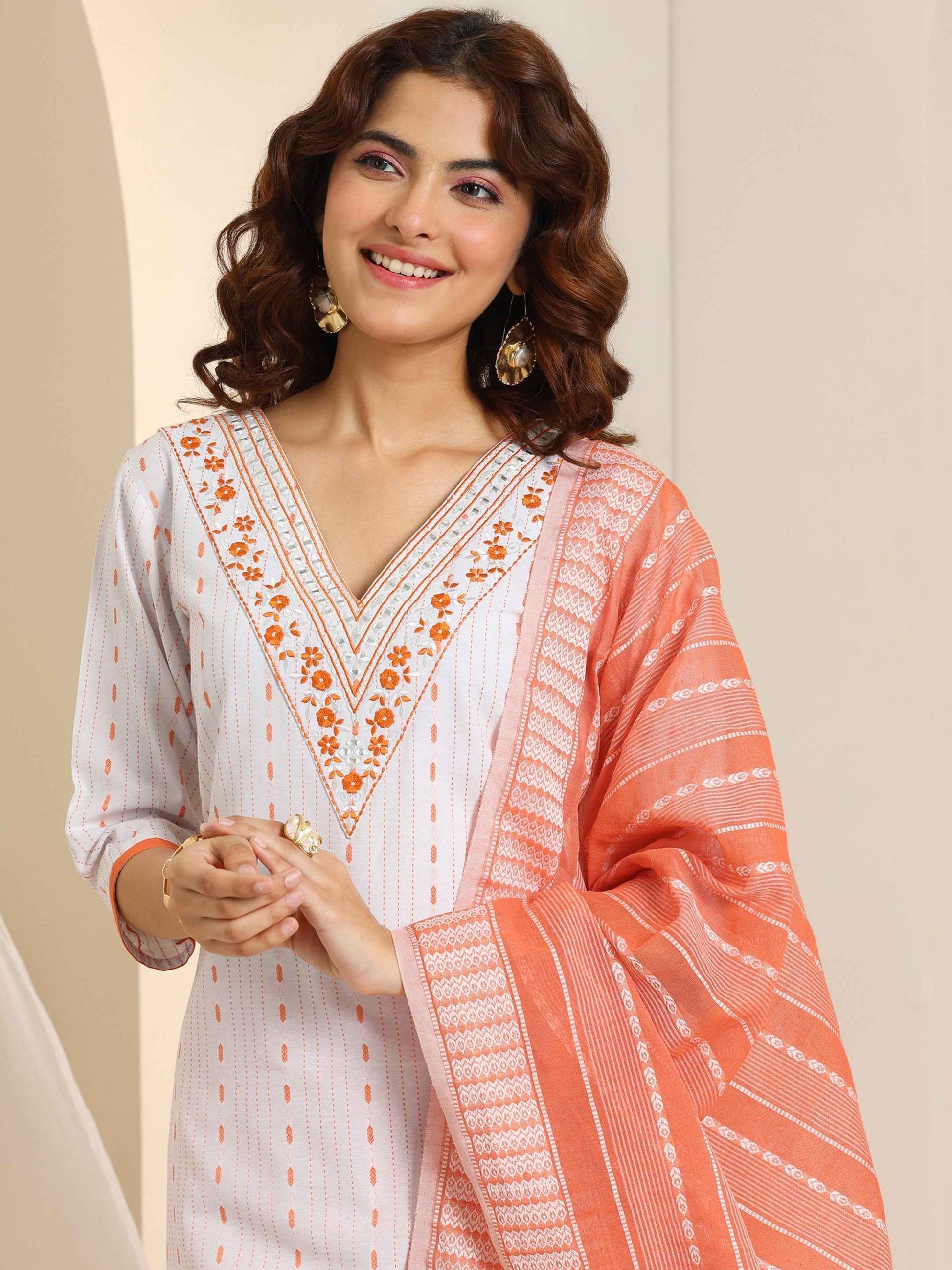 White Woven Design Cotton Blend Straight Suit Set With Dupatta