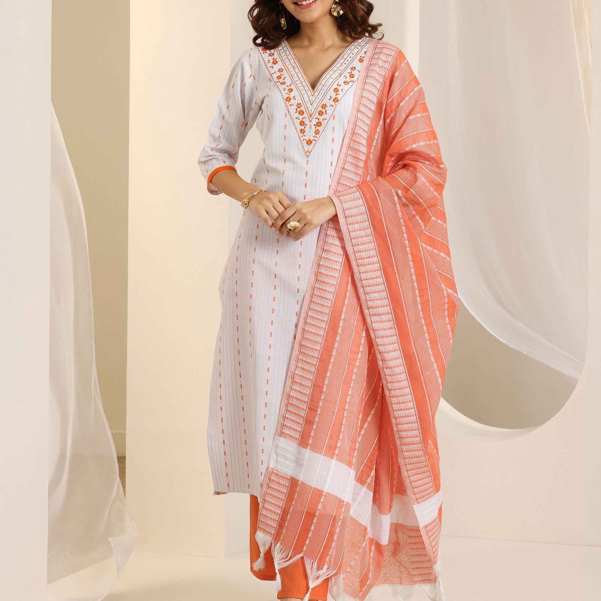 White Woven Design Cotton Blend Straight Suit Set With Dupatta