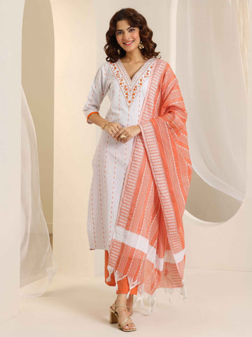 White Woven Design Cotton Blend Straight Suit Set With Dupatta