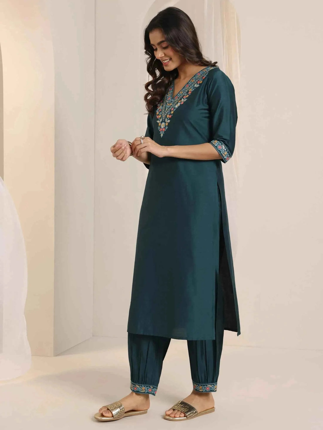 Teal Blue Yoke Design Viscose Rayon Straight Suit Set With Dupatta