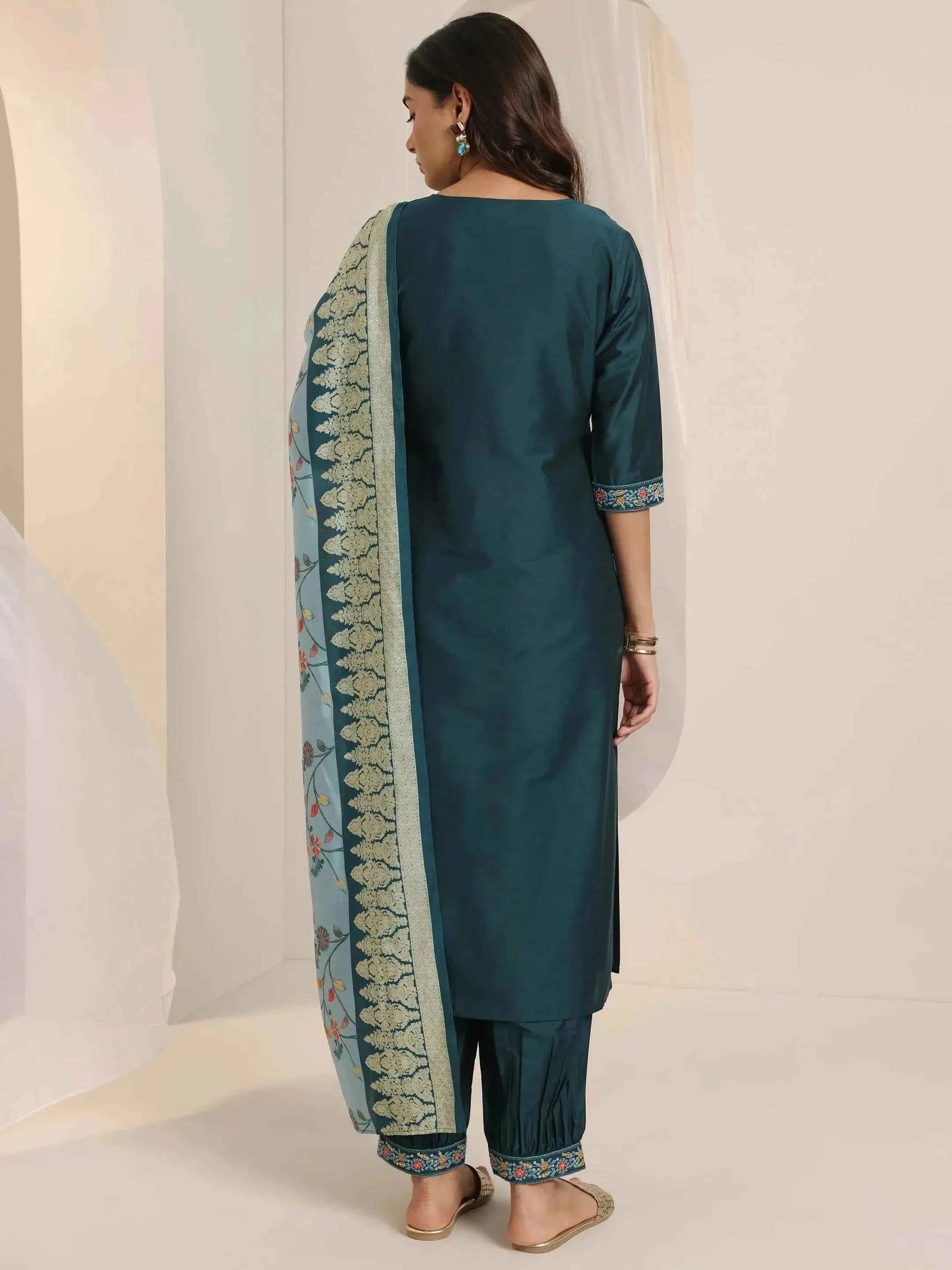 Teal Blue Yoke Design Viscose Rayon Straight Suit Set With Dupatta