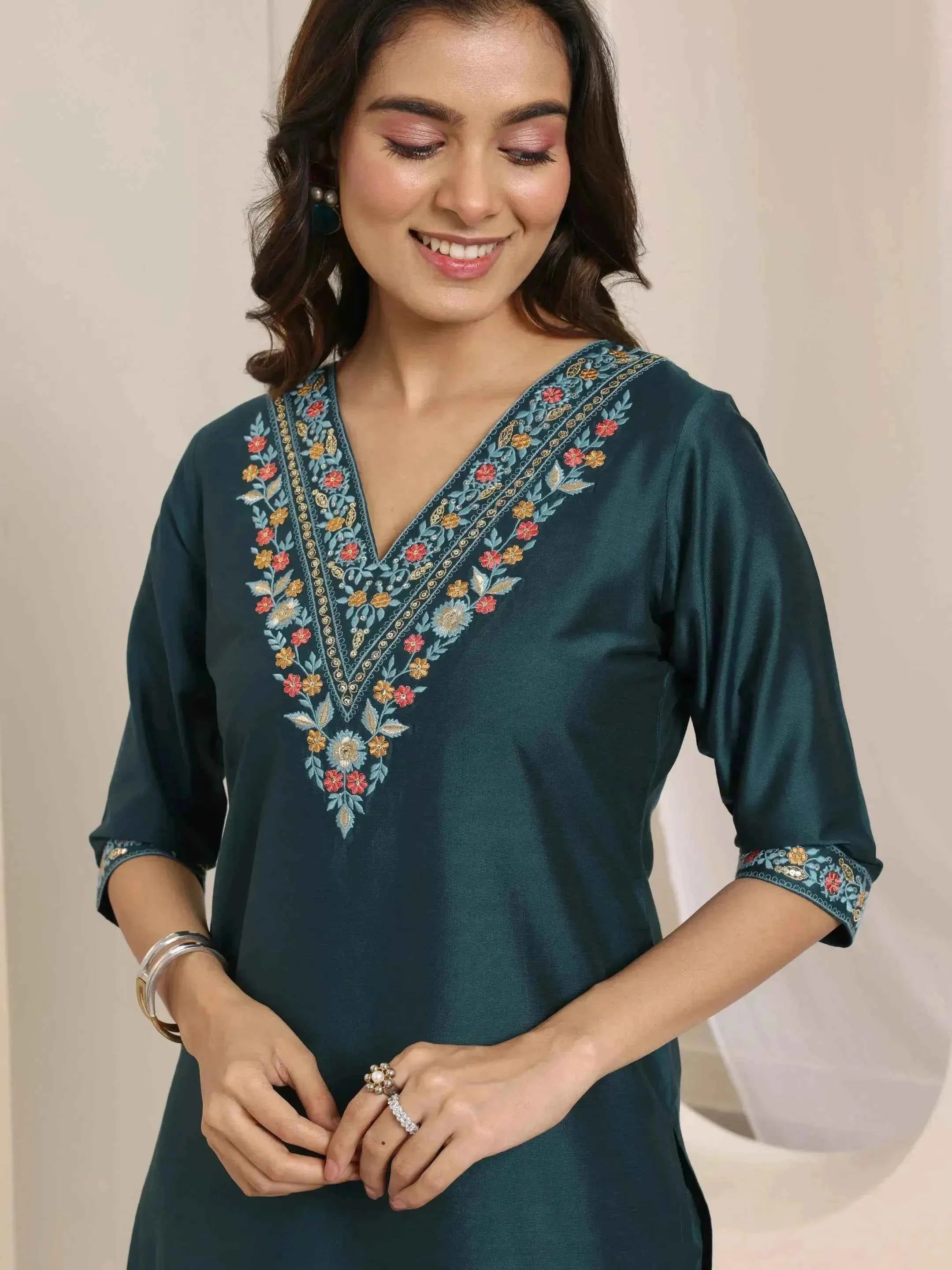 Teal Blue Yoke Design Viscose Rayon Straight Suit Set With Dupatta