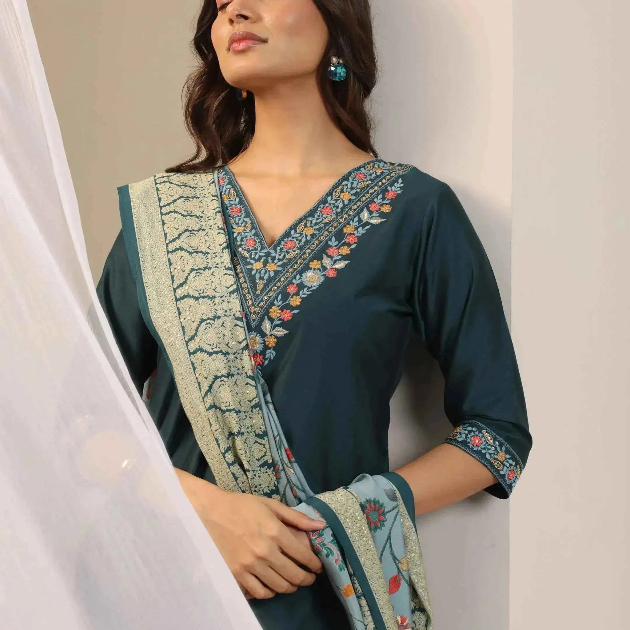 Teal Blue Yoke Design Viscose Rayon Straight Suit Set With Dupatta