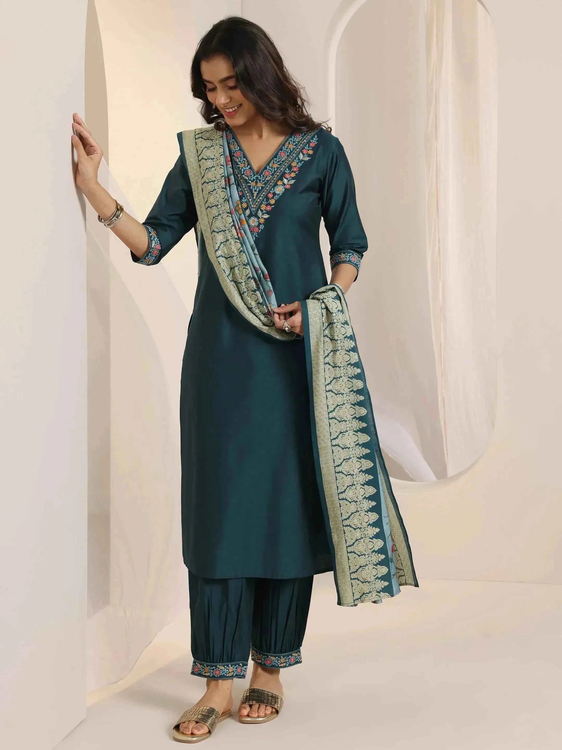 Teal Blue Yoke Design Viscose Rayon Straight Suit Set With Dupatta