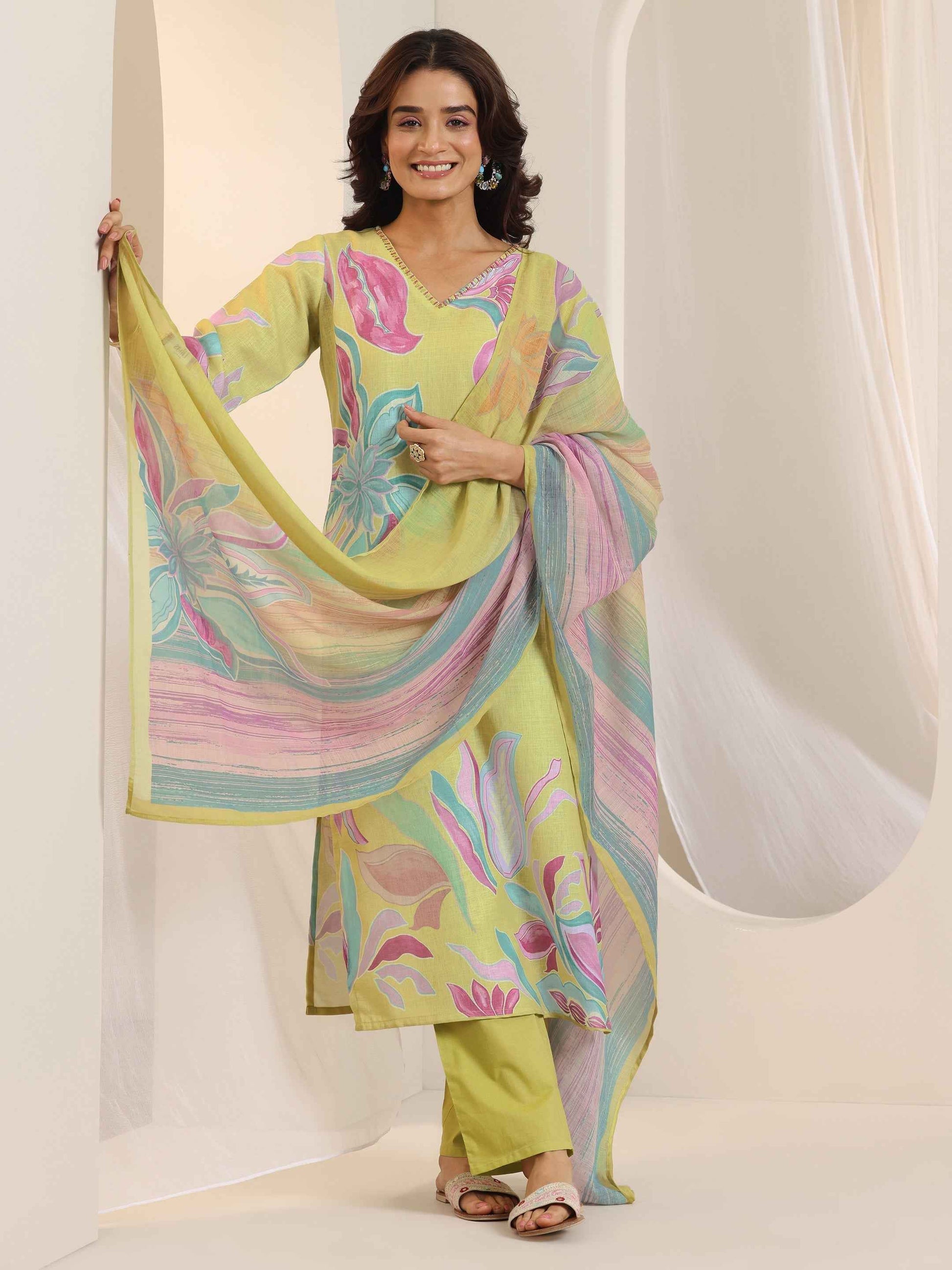 Multi Printed Cotton Blend Straight Suit Set With Dupatta