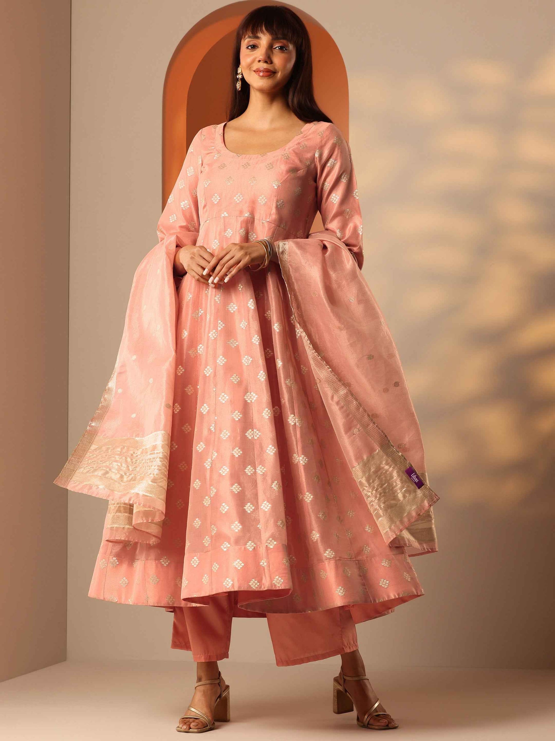 Peach Woven Design Silk Blend Anarkali Suit Set With Dupatta