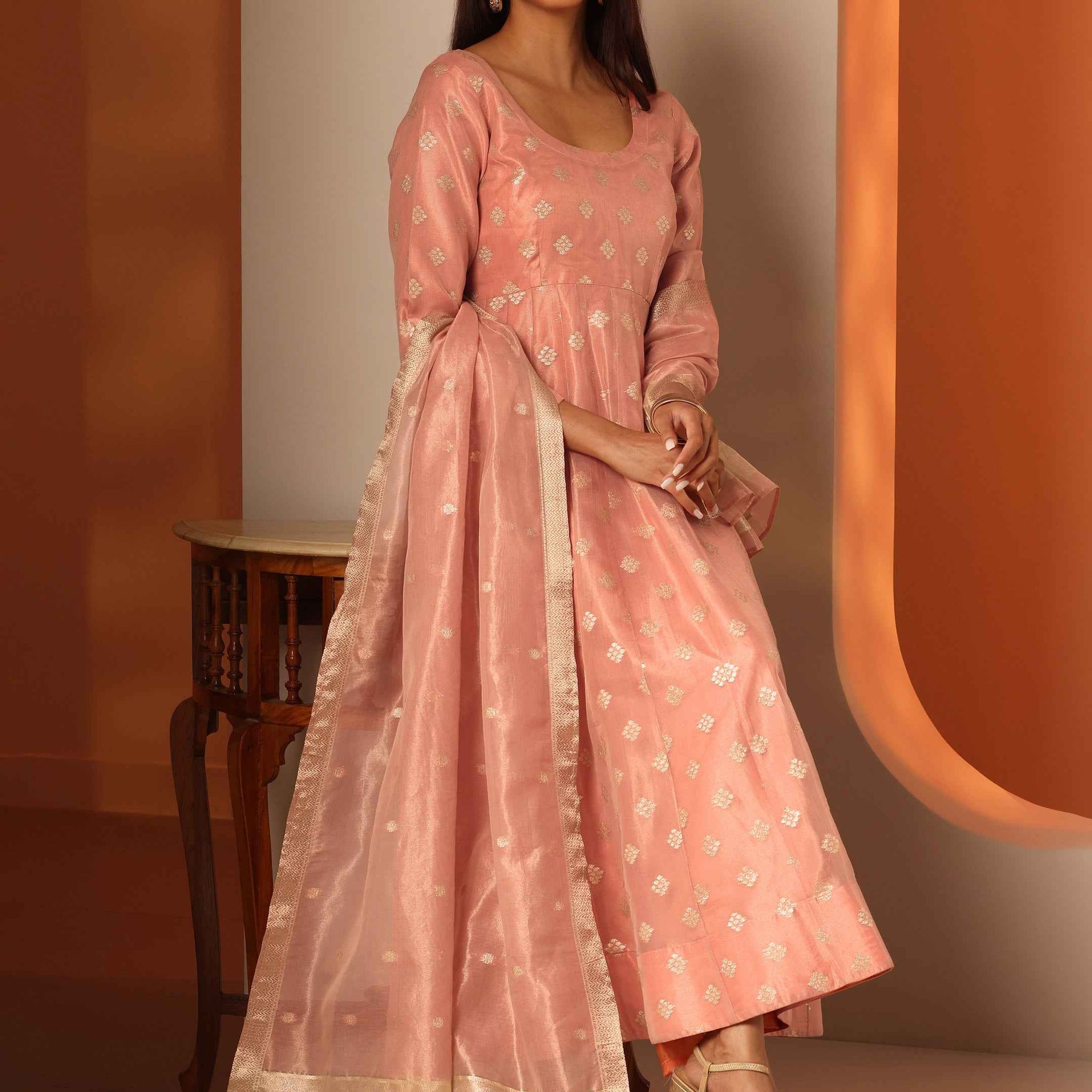 Peach Woven Design Silk Blend Anarkali Suit Set With Dupatta