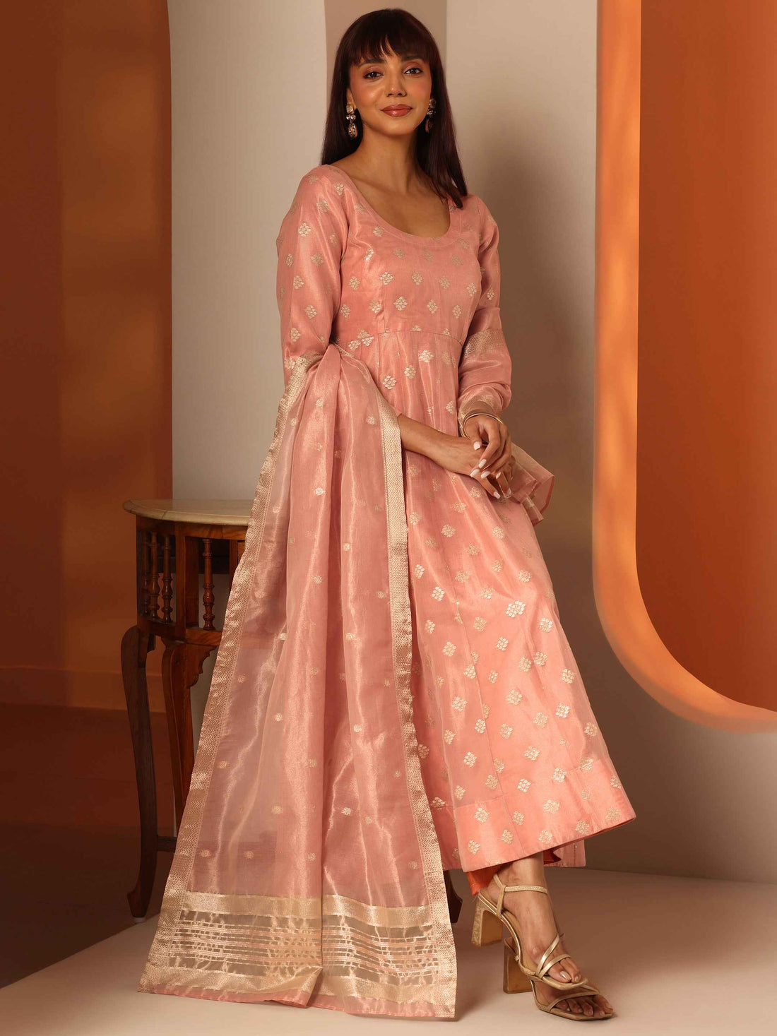Peach Woven Design Silk Blend Anarkali Suit Set With Dupatta