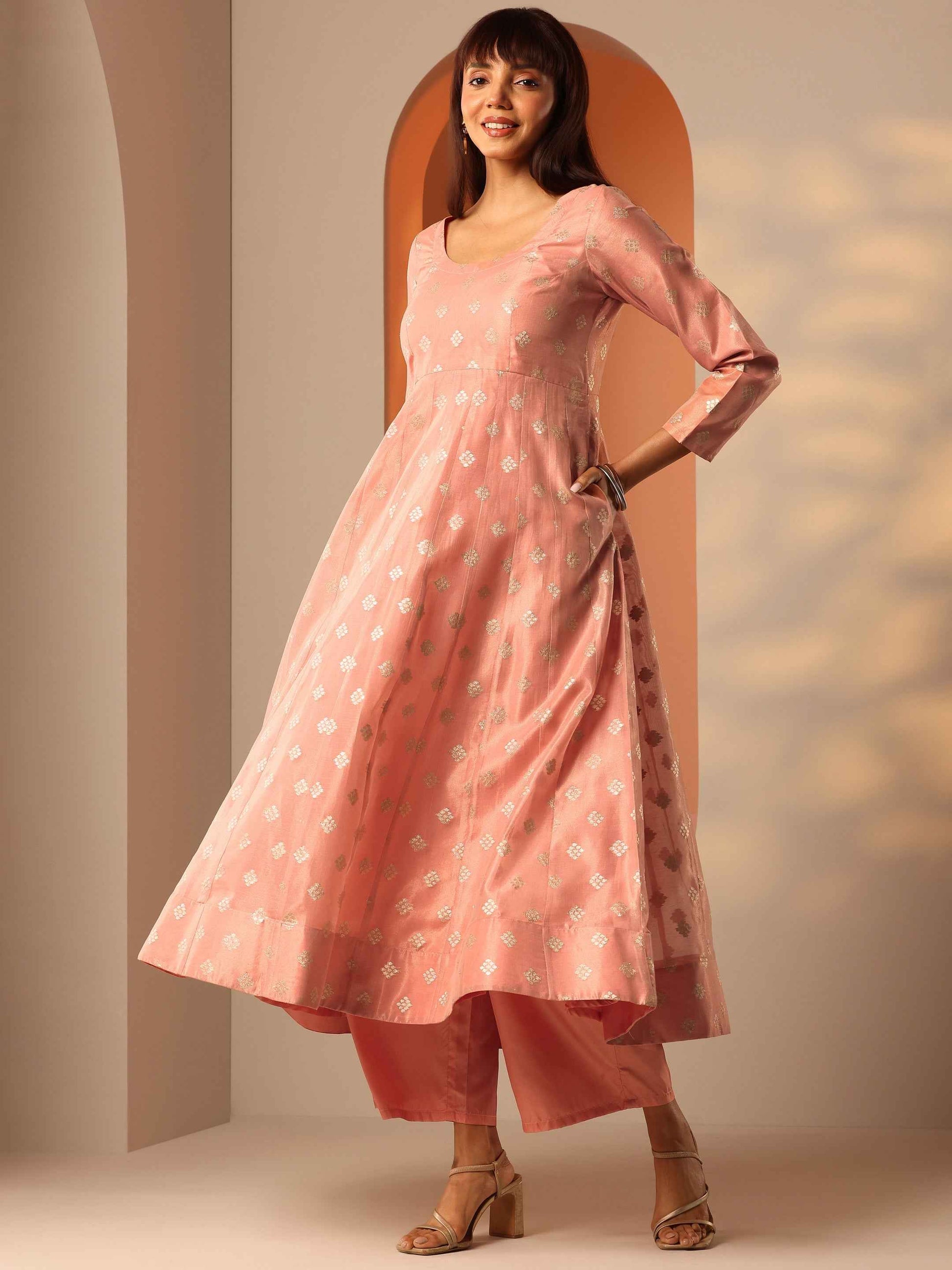 Peach Woven Design Silk Blend Anarkali Suit Set With Dupatta