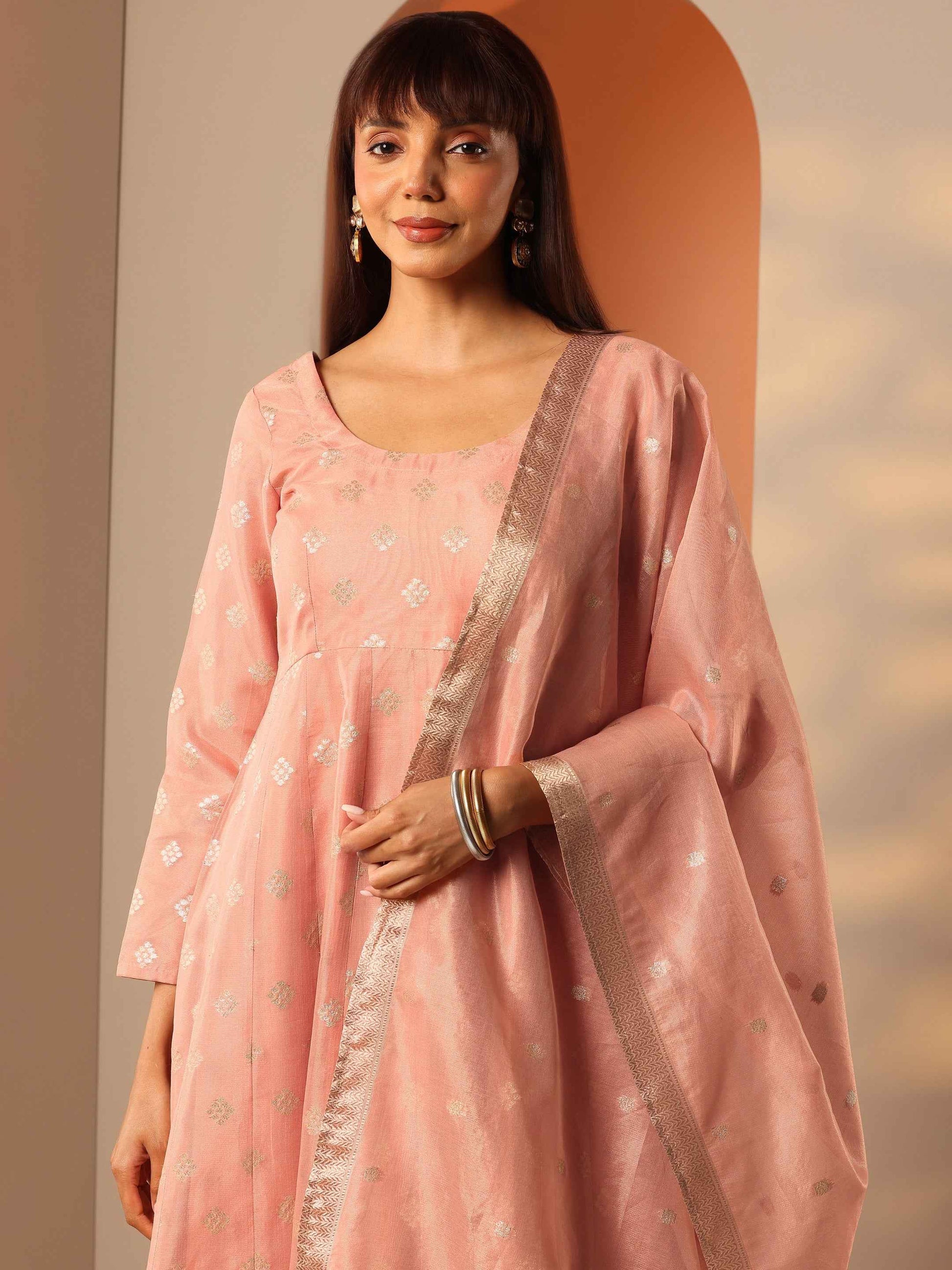 Peach Woven Design Silk Blend Anarkali Suit Set With Dupatta