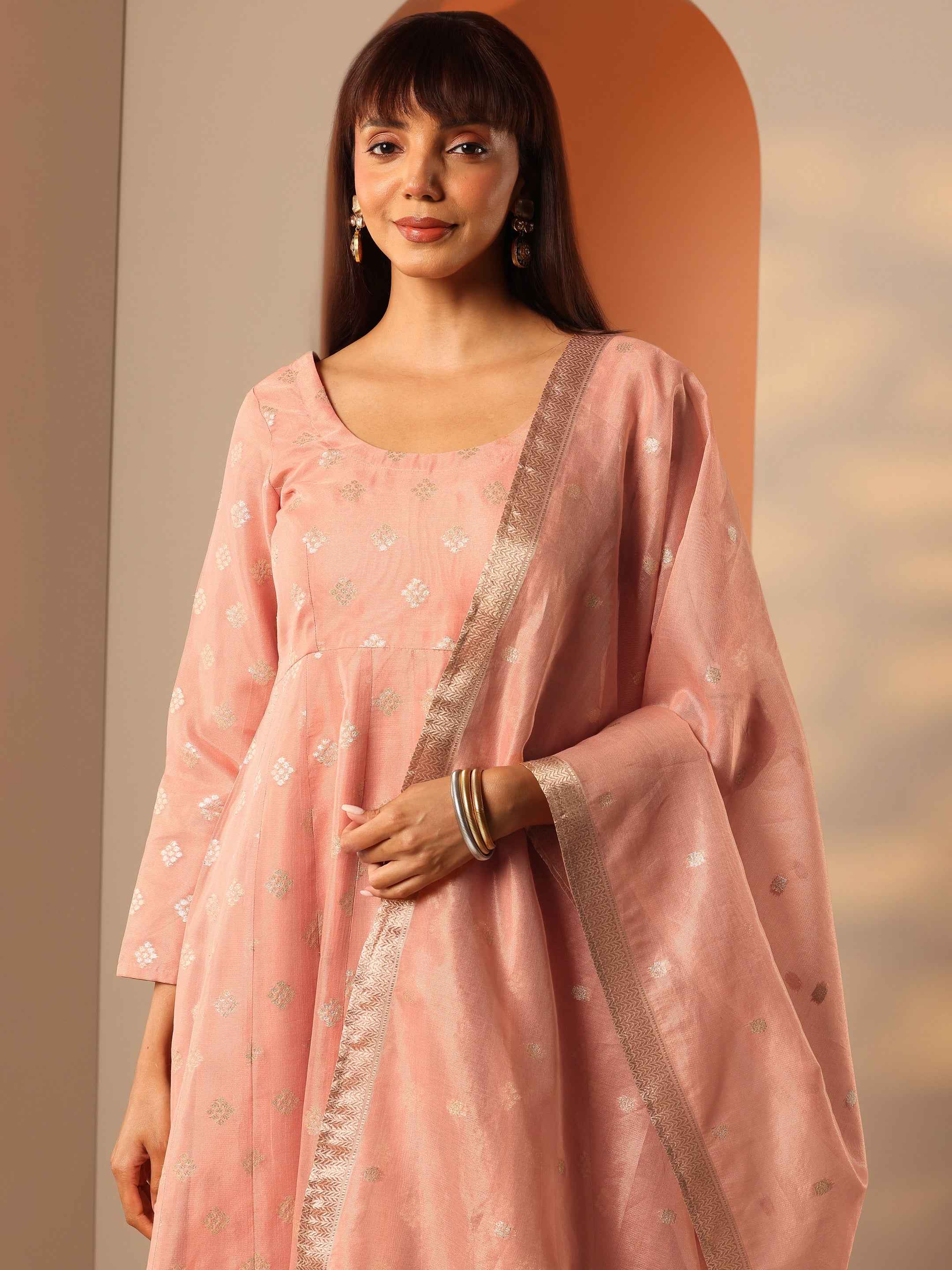 Peach Woven Design Silk Blend Anarkali Suit Set With Dupatta