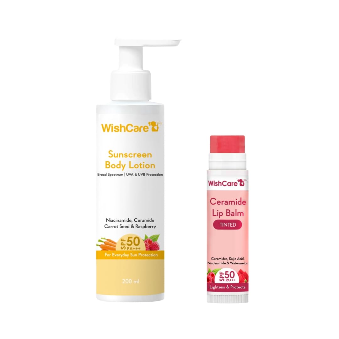WishCare Sunscreen Body Lotion For All Skin Type with SPF 50 PA+++ - Broad Spectrum UVA & UVB Protection, No White Cast, Enriched with Carrot Seed & Raspberry - Body Sunscreen Lotion 200ml