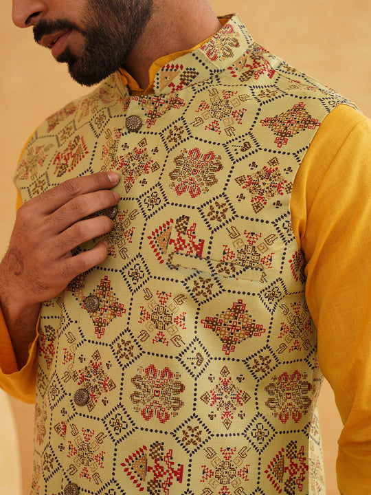 SOJANYA Men Mustard Yellow Pure Cotton Kurta with Churidar & Nehru Jacket