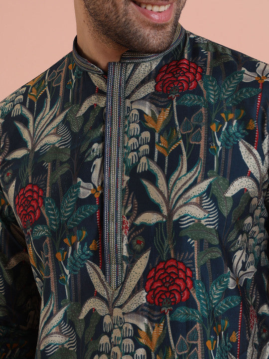 KISAH Men Floral Printed Regular Kurta with Trousers