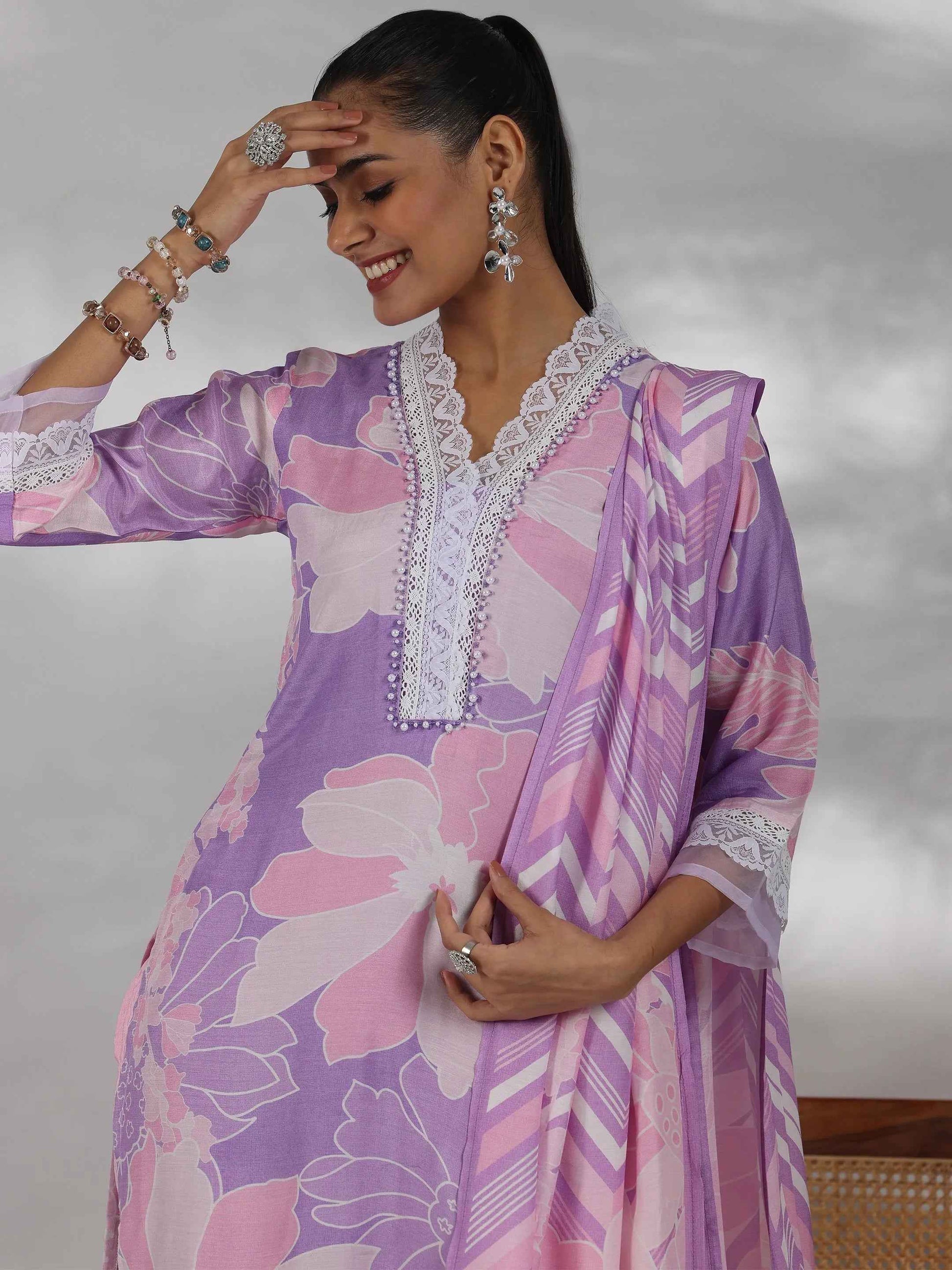 Purple Printed Cotton Blend Straight Suit With Dupatta