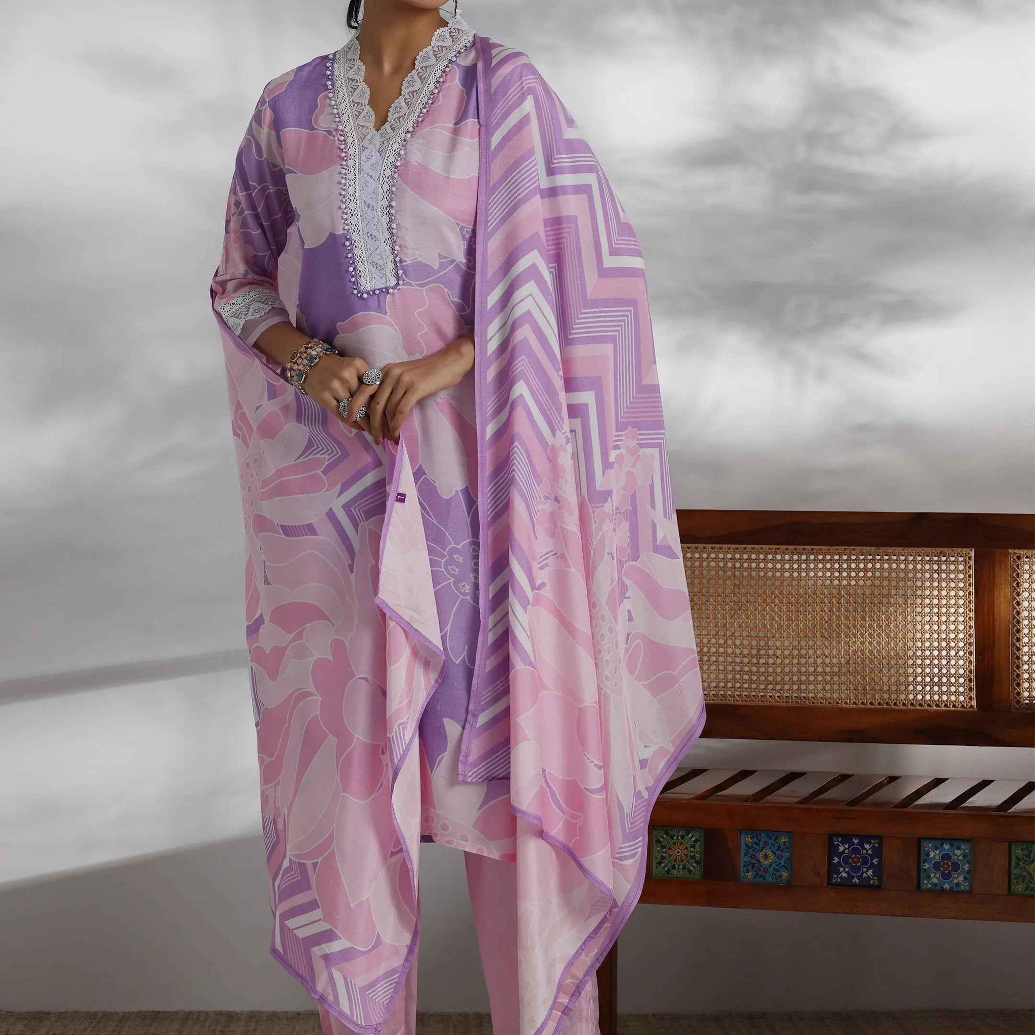 Purple Printed Cotton Blend Straight Suit With Dupatta