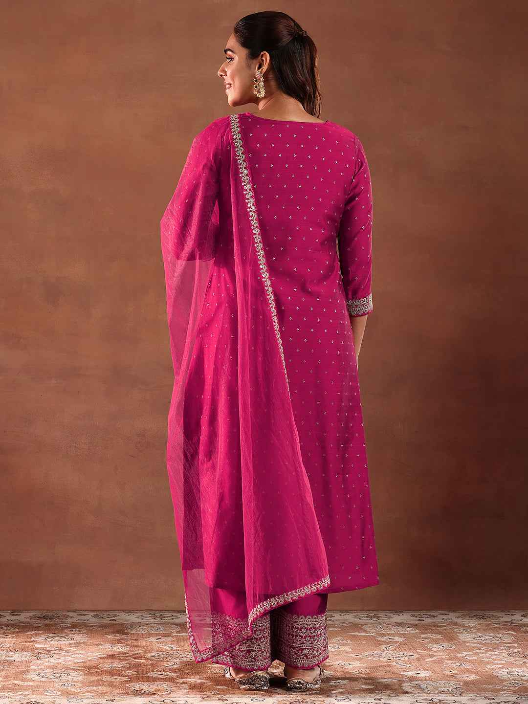 Magenta Woven Design Chanderi Silk A-Line Kurta With Trousers & Dupatta