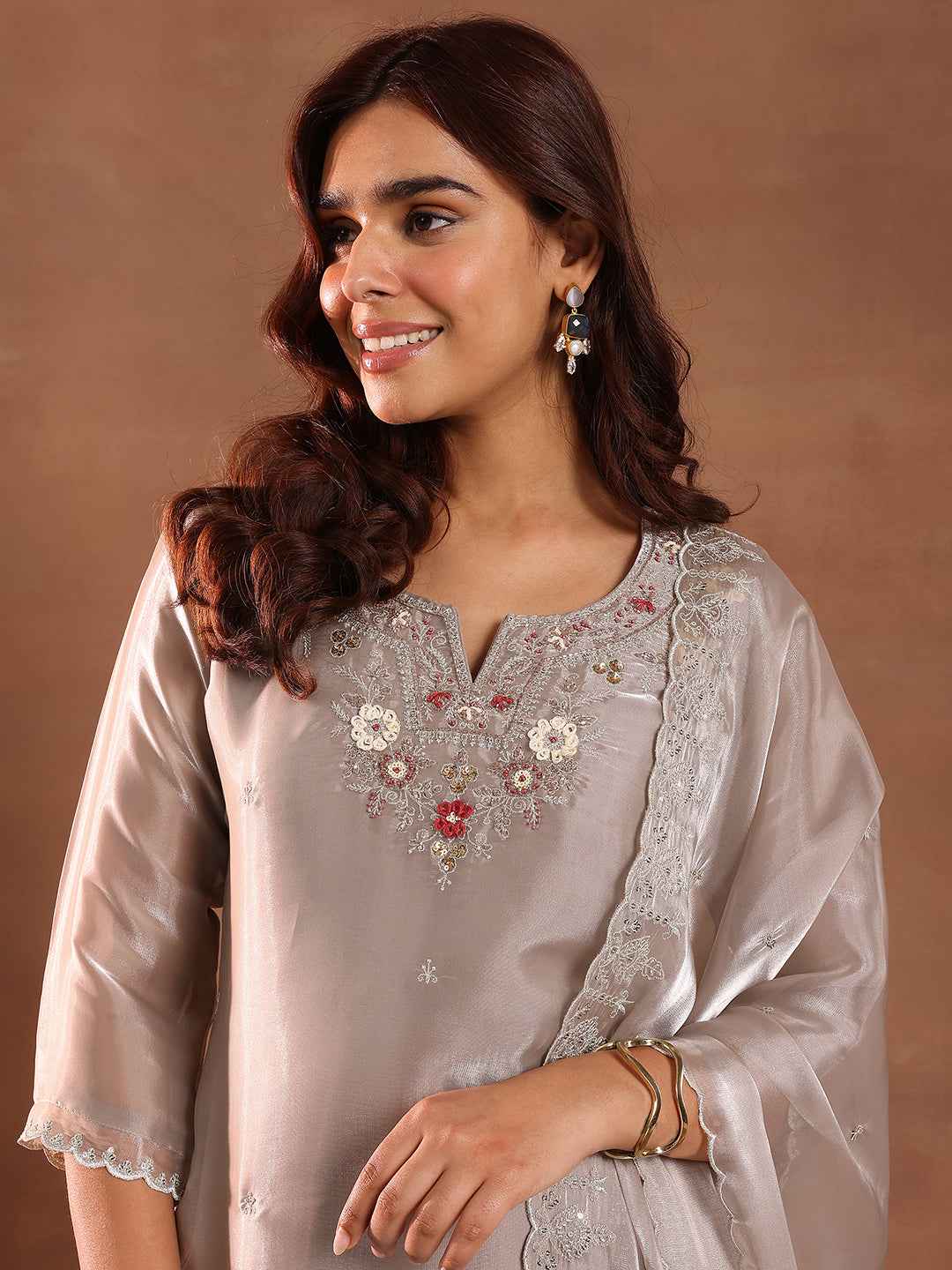 Taupe Yoke Design Tissue Straight Suit With Dupatta